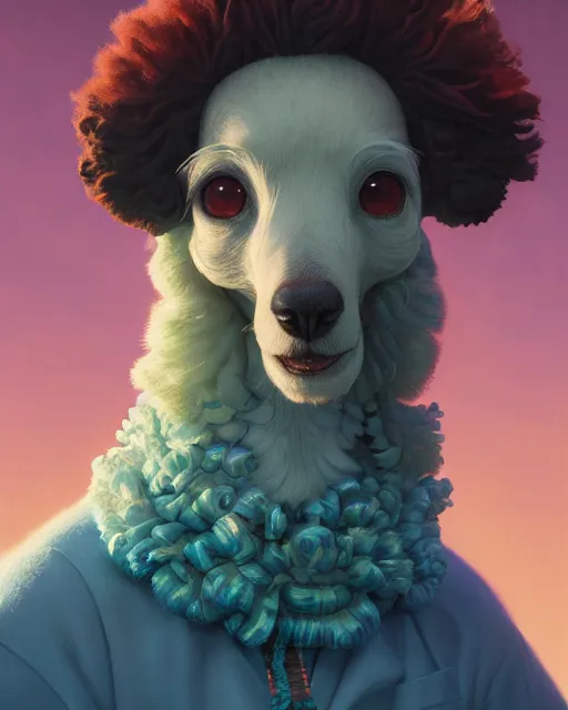 Image similar to highly detailed surreal vfx portrait of a nowpunk poodle, stephen bliss, unreal engine, greg rutkowski, loish, rhads, beeple, makoto shinkai and lois van baarle, ilya kuvshinov, rossdraws, tom bagshaw, alphonse mucha, global illumination, detailed and intricate environment