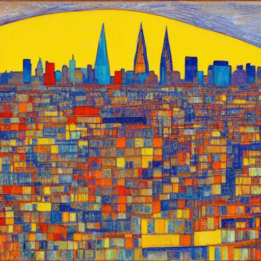 Prompt: futurist san francisco skyline in the style of egon schiele