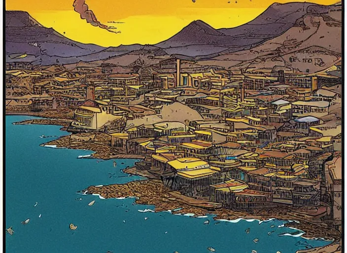 Image similar to An illustration of Gran Canaria at the style of Moebius