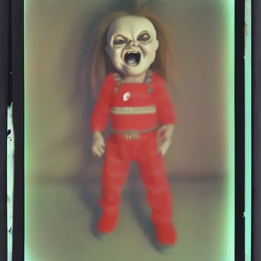 Image similar to screaming chucky doll at bottom of dark ocean expired film polaroid