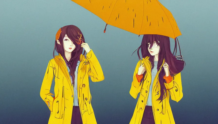 Image similar to girl in a yellow coat standing in the rain holding a small pocket watch, thick outlines, bright colors, geometric shapes, digital art, hard edges, detailed, anime style, art by sora kim, rinotuna, ilya kuvshinov