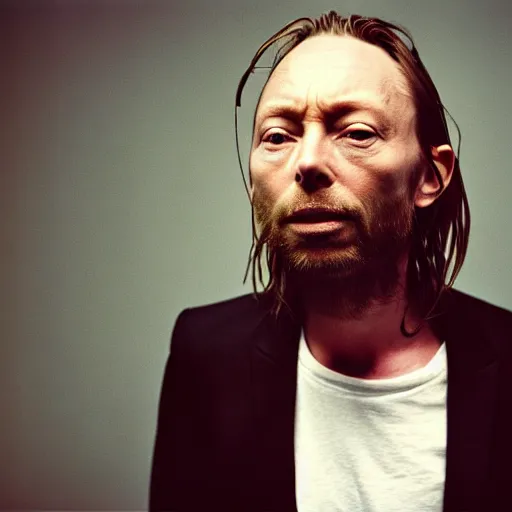 Image similar to Thom Yorke, Radiohead singer Thom Yorke, holding the moon upon a stick, with a beard and a black jacket, a portrait by John E. Berninger, dribble, neo-expressionism, uhd image, studio portrait, 1990s