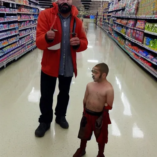 Image similar to kratos from god of war shopping at a walmart with walter white