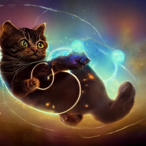 Image similar to A lazy steampunk cat jumping over the galaxy, digital illustration, concept art, 8k, trending on artstation