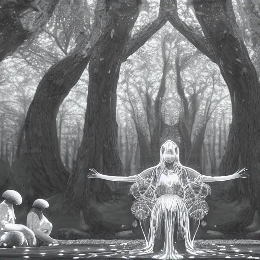 Prompt: mushroom goddess with group of elders in a ceremony for plant medicine, beautiful, hiroya oku, yoshitaka amano, chris cunningham, black and white, beautiful lighting, cinematic still, inspired by funky forest, 3 d render, 8 k