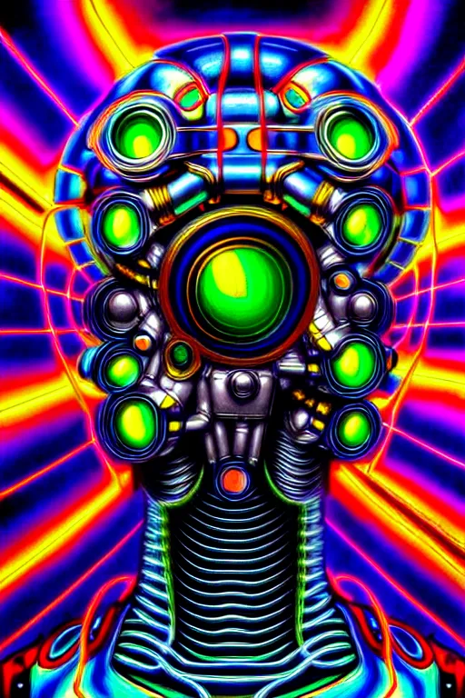 Prompt: maximalist detailed scifi robot head portrait. lowbrow scifi artwork by kidsquidy ø - cult and subjekt zero. ray tracing hdr polished sharp in visionary psychedelic fineart style inspired by alex grey and cameron gray