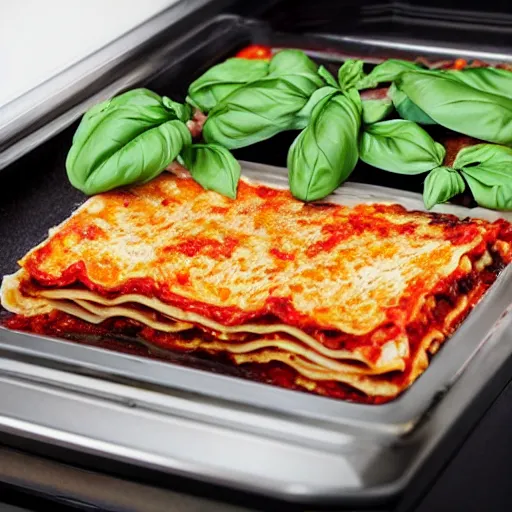 Image similar to platypus wearing a chef hat while putting a lasagna in an oven, with three basil leaves over the lasagna