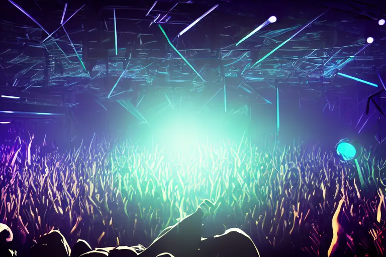 Image similar to dj on stage with raised hands looking over crowd partying with their hands up at a club, volumetric lighting, haze, moving heads light beams, spot lights, disco ball, silhouette, digital art, trending on artstation, 4k, unreal engine, intricate, ornate