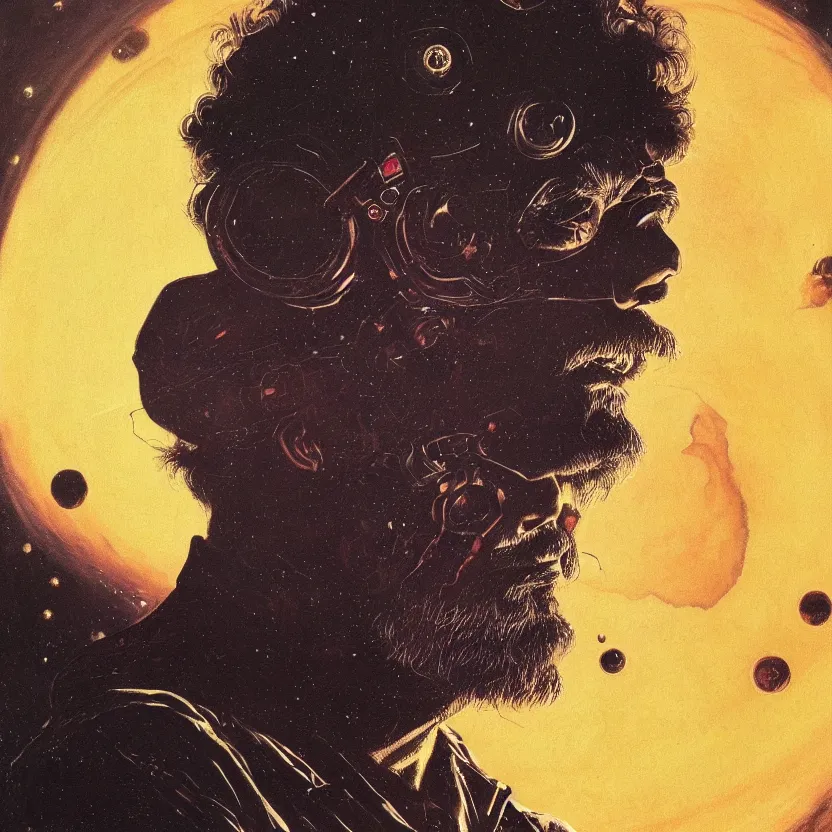 Image similar to a dark close - up portrait of retrofuturistic terence mckenna in space. reflective detailed textures. soft gloomy dark background. highly detailed fantasy science fiction painting by moebius, norman rockwell, frank frazetta, and syd mead. rich colors, high contrast. artstation