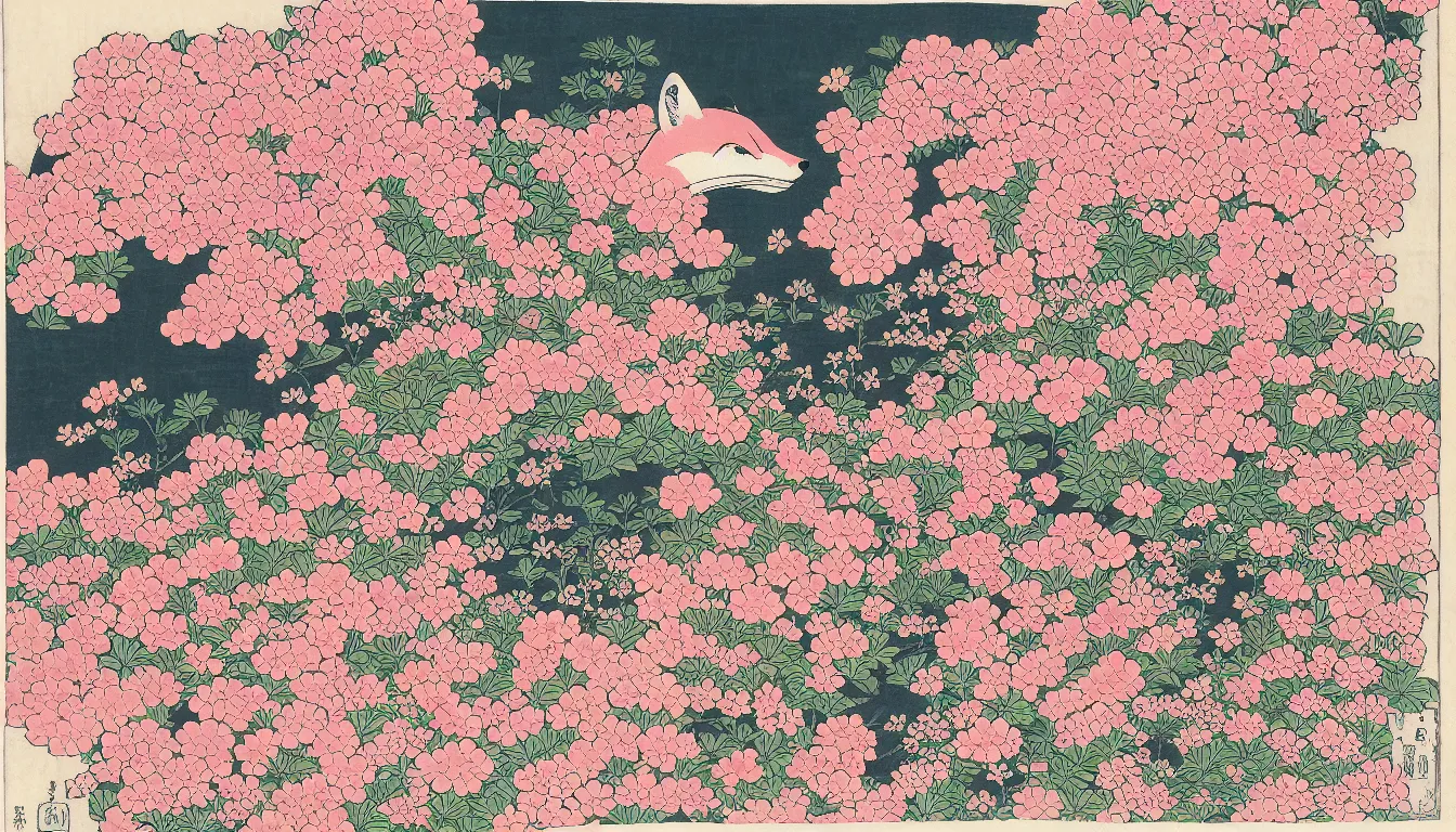 Prompt: pink fox head popping out of a field of multi colored flowers by hokusai,