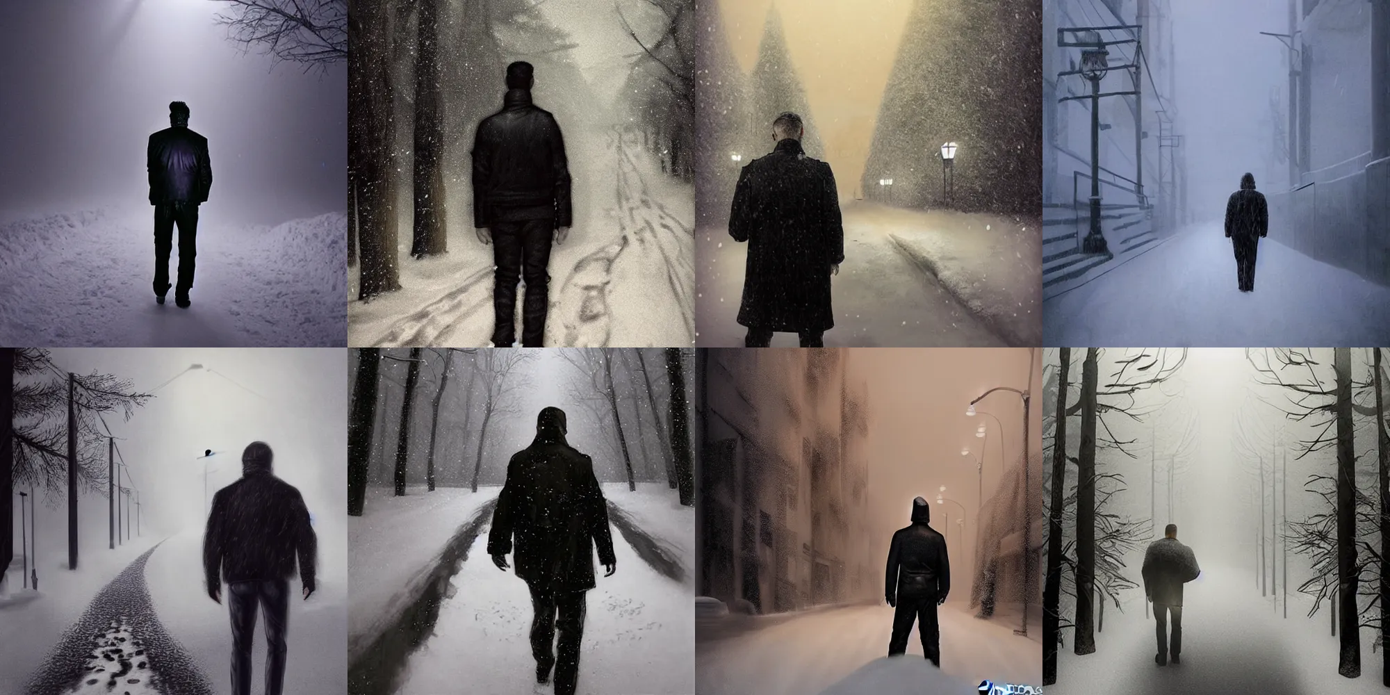 Prompt: by dragan bibin photo of snow - covered man from back in pacing doomed to empty narrow alley with street lamps in park with pines to the horizon, dressed in short leather bomber jacket, with hands in pockets, sharpen focus, coherent, snowfall at night, mullet haircut, black hairs, concept art, cinematic, dramatic, detailed, realistic, igla movie shot, low lighting