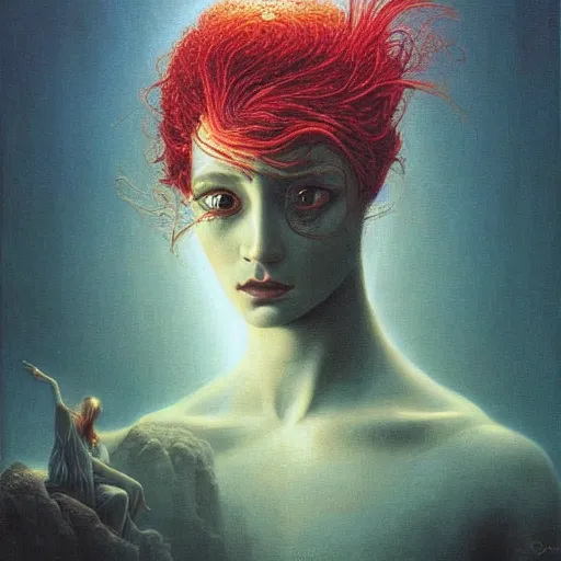 Prompt: beautiful face of goddess with a vibrant hair by asher brown durand, center, profile picture, portrait by pantokrator, cybernetic cyborg by beksinski, transcending into divine by beksinski, detailed artwork, 4 k hd, surrealizm, dark