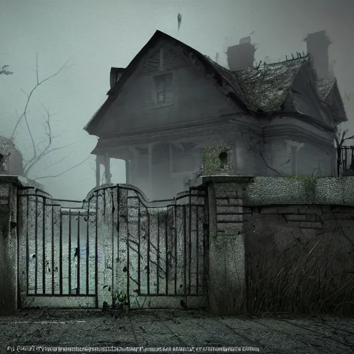 Image similar to a zombie at the gate of a decrepit house, night, misty, scary, spooky, octane render