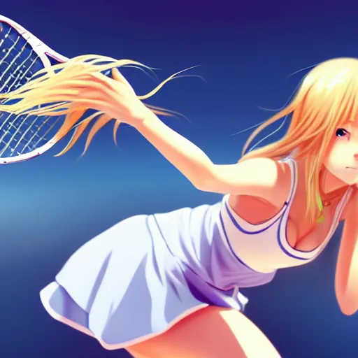 Image similar to a very beautiful young anime tennis girl, full body, long wavy blond hair, sky blue eyes, full round face,, bikini, miniskirt, front view, mid - shot, highly detailed, cinematic wallpaper by stanley artgerm lau