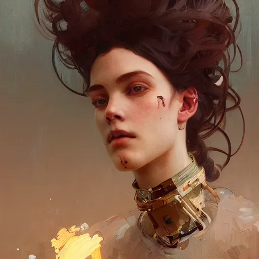 Prompt: A portrait of robot painting, highly detailed, digital painting, concept art, sharp focus, illustration, art by greg rutkowski and alphonse mucha