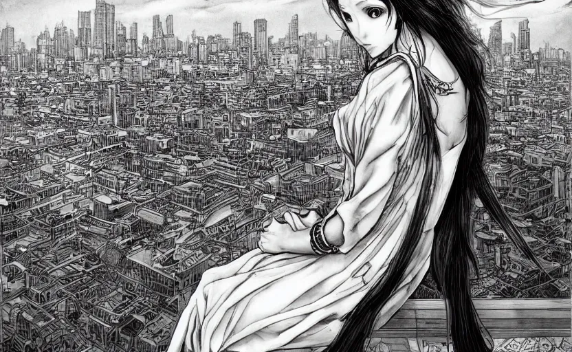 Prompt: Lady in a black and white maid dress with long hair, she is sitting on the roof of a skyscraper and looking at the horizon of a large city. Fantasy and concept art by ayami kojima