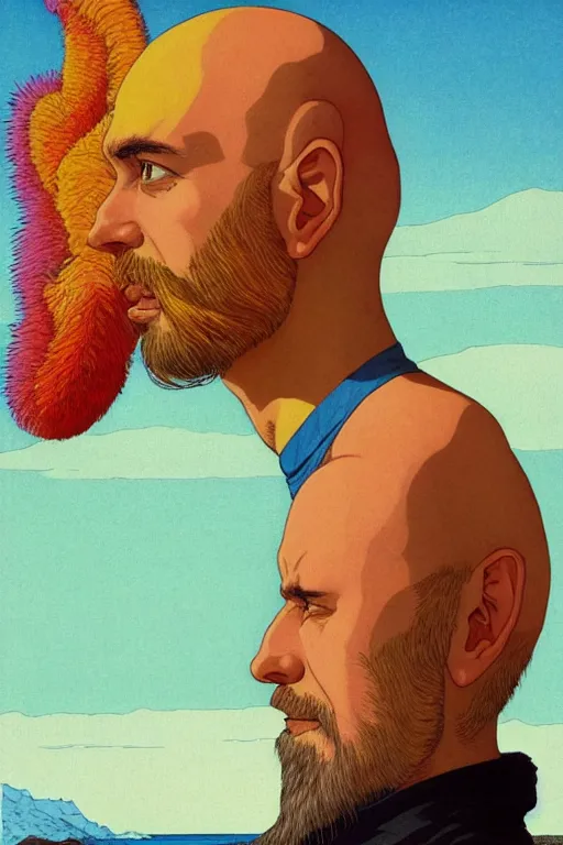 Image similar to a colorful closeup portrait of a young bald man with a very long wild beard dreaming psychedelic hallucinations in the vast icy landscape of antarctica, by kawase hasui, moebius and edward hopper, colorful flat surreal design, hd, 8 k, artstation