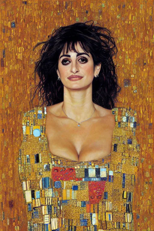 Image similar to oil painting, portrait of penelope cruz, artwork by gustav klimt