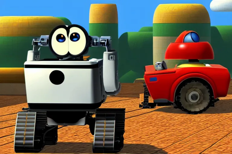 Prompt: wall - e in super mario 6 4, heavy detailed, ultra high definition quality, yakuza game engine graphics