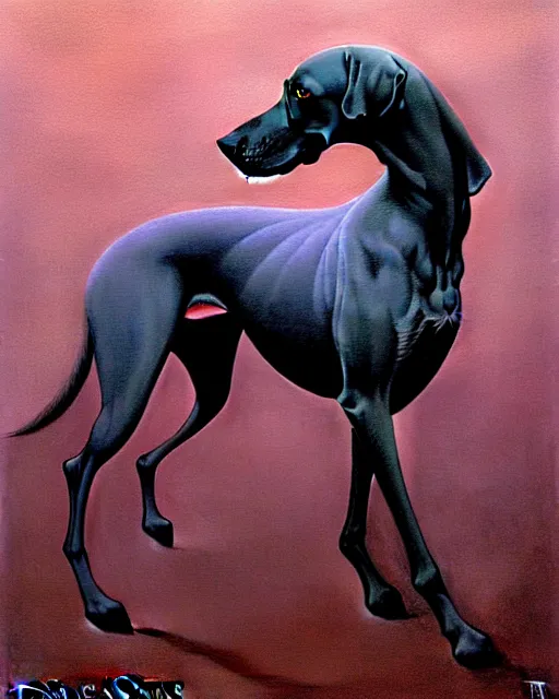 Image similar to painting of hybrid between black weimaraner & horse! & intercrossed animal, by zdzislaw beksinski, by mattias adolfsson, by tiffany bozic, cold hue's, warm tone gradient background, concept art, single object scene, beautiful composition, digital painting