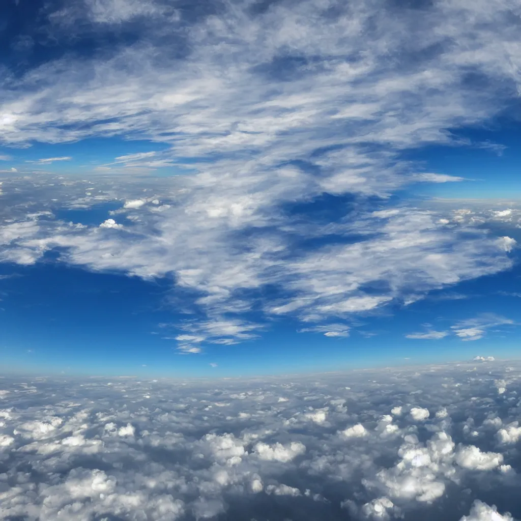 Prompt: equirectangular image of cloudscape, contrails, cumulus clouds, stratus clouds, large cloud formations, photorealistic, skybox, sky, clouds