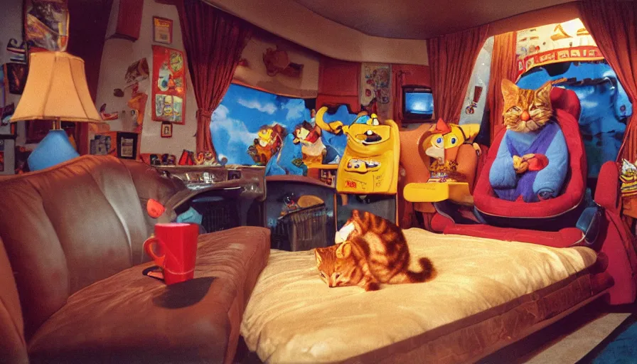 Prompt: 1990s photo of inside the Garfield's Wild Dream ride at Universal Studios in Orlando, Florida, riding a box with a blanket, with Garfield the cartoon cat, through a living room filled lasagna, coffee cups, and lava lamps, cinematic, UHD