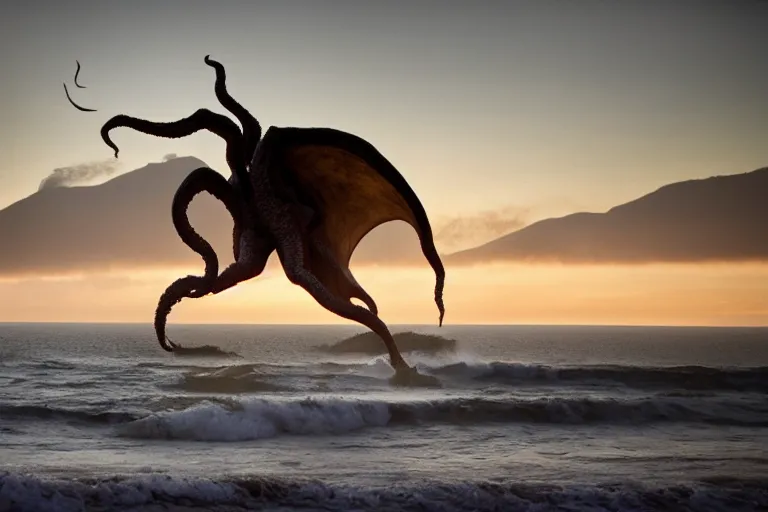 Image similar to cthulhu riding out of the ocean in Malibu morning natural light by Emmanuel Lubezki