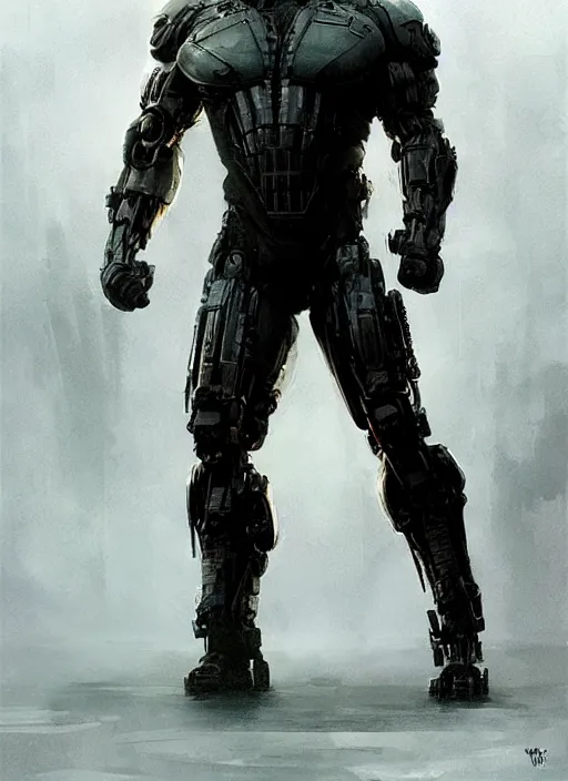 Image similar to vin diesel as victor stone, full body concept, cyborg, borg, strogg, face of a man, terminator, flesh, quake strogg, doom demon, wolfenstein, monstrous, powerful, symmetry, symmetrical, concept art by ruan jia and greg rutkowski