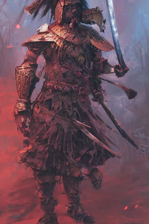 Image similar to a warrior in an epic samurai armor in dark japanese bamboo forest with light shafts, by jesper ejsing and maciej kuciara