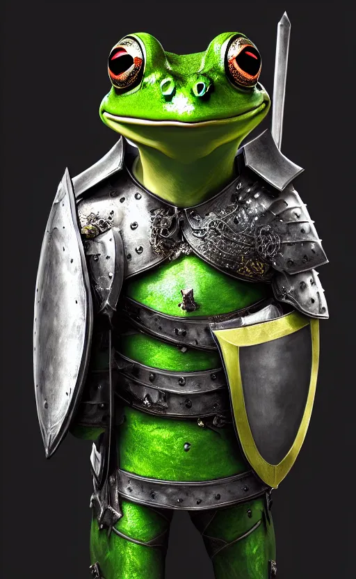 Image similar to a frog, dressed as a knight, holding a large shield, battle armor, atmospheric lighting painted intricate volumetric lighting, beautiful, sharp focus, ultra detailed, sharp, mindblowing, 4 k uhd, 8 k