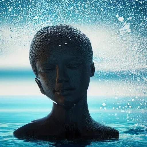 Image similar to water forming a shape of a human head, giant sculpture on the ocean water, water manipulation art, ray tracing, realistic water sharp focus, long shot, 8 k resolution, cinematic