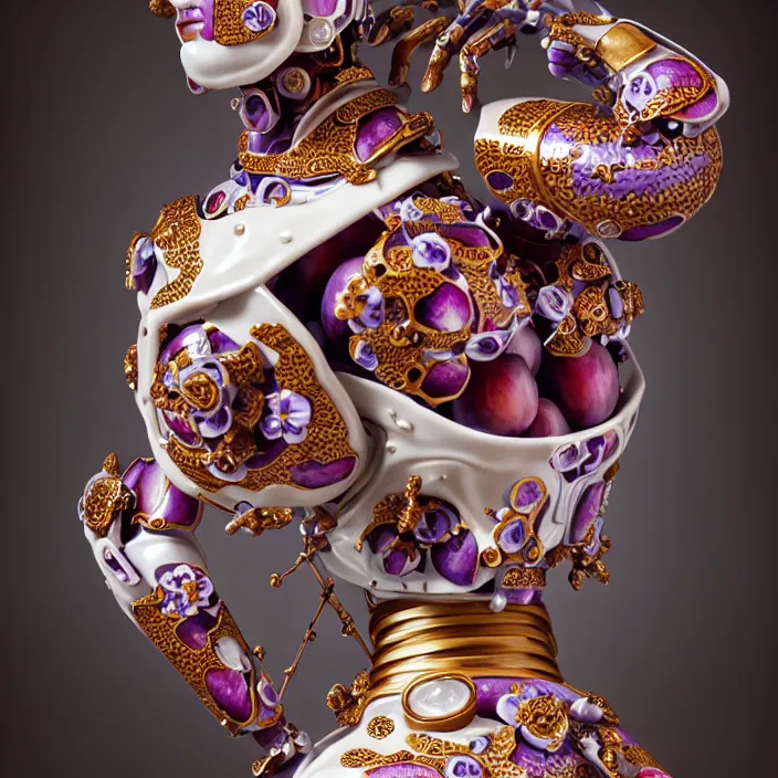 Prompt: ceramic cyborg, Kakiemon design with plums and stylized flowers in glaze and gilding, diffuse lighting, fantasy, intricate, elegant, highly detailed, lifelike, photorealistic, digital painting, artstation, illustration, concept art, smooth, sharp focus, art by John Collier and Albert Aublet and Krenz Cushart and Artem Demura and Alphonse Mucha