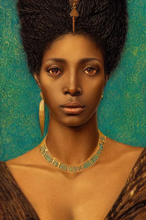 Image similar to Portrait of a Beautiful African female, sad green eyes, beautiful skin, elegant, jewellery, digital painting, Pre-Raphaelites, highly detailed, concept art, smooth, sharp focus, gold and indigo, illustration, art by Klimt .