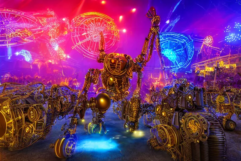 Image similar to scene is burning man festival, portrait photo of a stagediving giant huge golden and blue metal futuristic steampunk robot, with gears and tubes, eyes are glowing red lightbulbs, audience selfie, shiny crisp finish, 3 d render, 8 k, insaneley detailed, fluorescent colors, haluzinogetic, background is multicolored lasershow