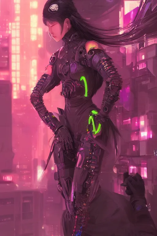 Image similar to portrait futuristic Ninja Girl, in future cyberpunk tokyo rooftop , ssci-fi, fantasy, intricate, very very beautiful, elegant, neon light, highly detailed, digital painting, artstation, concept art, smooth, sharp focus, illustration, art by tian zi and WLOP and alphonse mucha