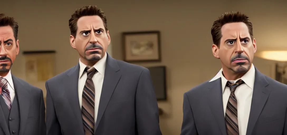 Image similar to a very high resolution image of tony stark with micheal scott. from an episode of the office. photorealistic, photography