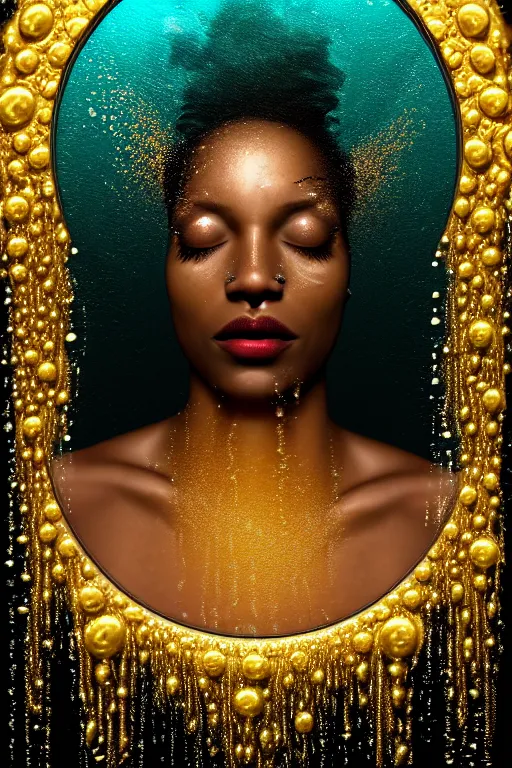 Prompt: hyperrealistic post rococo cinematic very expressive! black oshun goddess, open eyes, in water up to her shoulders, mirror dripping droplet!, gold flowers, highly detailed face, digital art masterpiece, smooth eric zener cam de leon dramatic pearlescent teal light, ground angle uhd 8 k, sharp focus