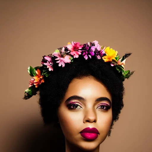 Image similar to Photo of a black woman, pretty make-up, flower crown, bold, self-confidence, cinematic focus