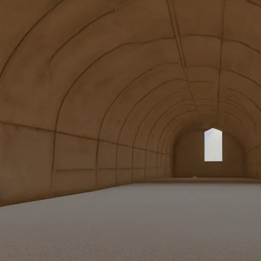 Image similar to a photo of the interior of a vast vaulted structure made of concrete, the structure is in the desert, the structure is tall and infinite, volumetric lighting, light rays, photorealistic, ultrarealistic, coronarender, 8k