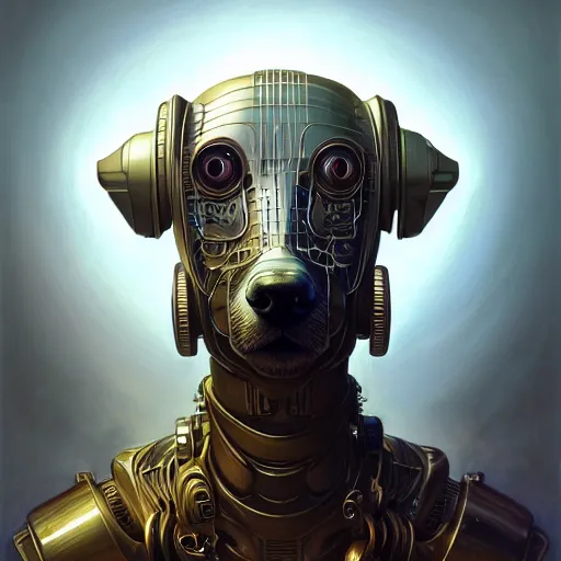 Image similar to low angle portrait shot of a cyberpunk dog robot, intricate, elegant, highly detailed, centered, digital painting, artstation, concept art, smooth, sharp focus, illustration, artgerm, Tomasz Alen Kopera, Peter Mohrbacher, donato giancola, Joseph Christian Leyendecker, WLOP, Boris Vallejo