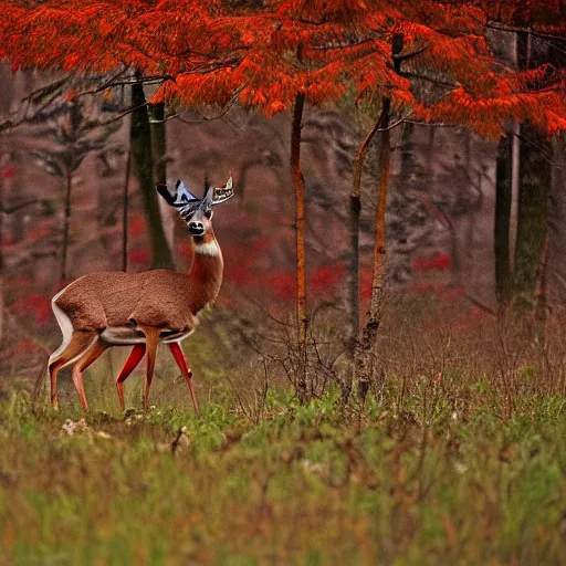 Image similar to a national geographic photo of deer that has red color skin in forest, f 2,0, telephoto, fine deatils