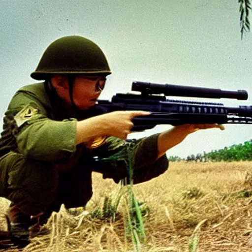 Image similar to “ hamster in the vietnam war firing an m 1 6, action shot, highly detailed, film photograph ”