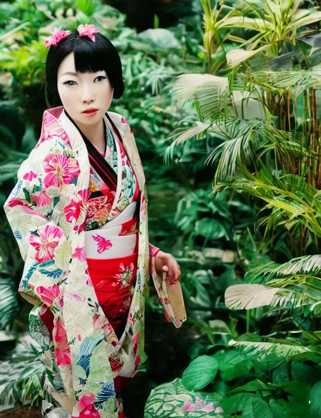 Prompt: photograph of a beautiful Japanese woman wearing a pretty kimono in a tropical greenhouse, by Annie Leibowiz, extremely detailed, large format camera, Fuji Provia, bokeh, blurred background, photorealistic, trending on artstation, trending on instagram