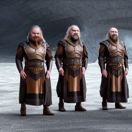 Image similar to the dwarves in futuristic costumes from the Dune movie by Denis Villeneuve, highly detailed photorealistic cinematic photoshot, high quality light postprocessing