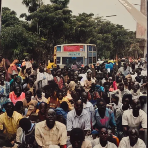 Image similar to old polaroids of futuristic african bus stops with informal sellers and digital screens, big crowd, robotic police guards watch over the crowd