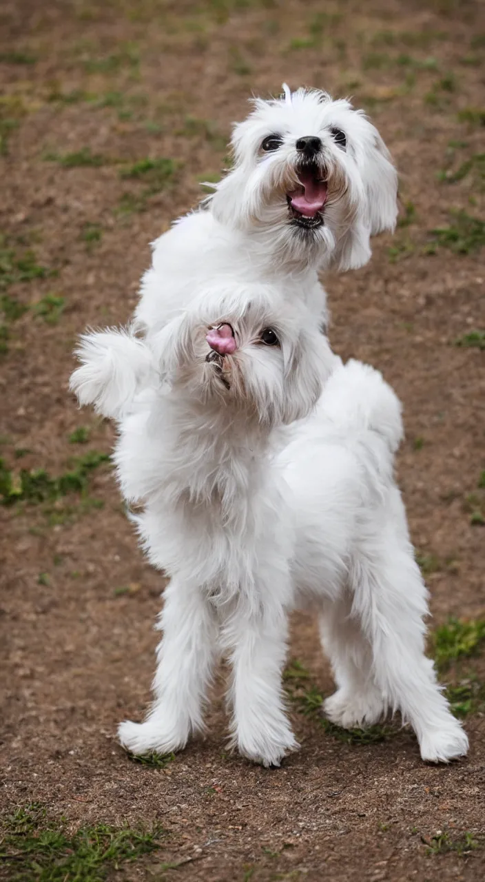 Image similar to photo of maltese puppy dog standing on hind leg begging for food, photorealistic