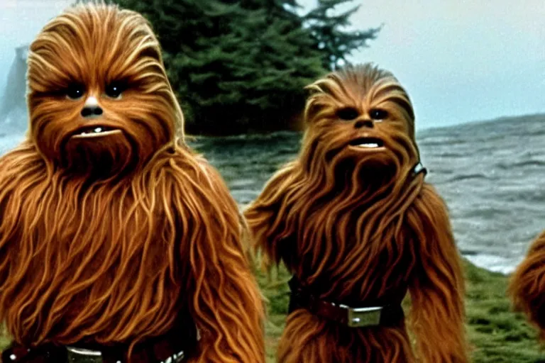 Prompt: A high quality movie still from the film Goonies, starring Chewbacca