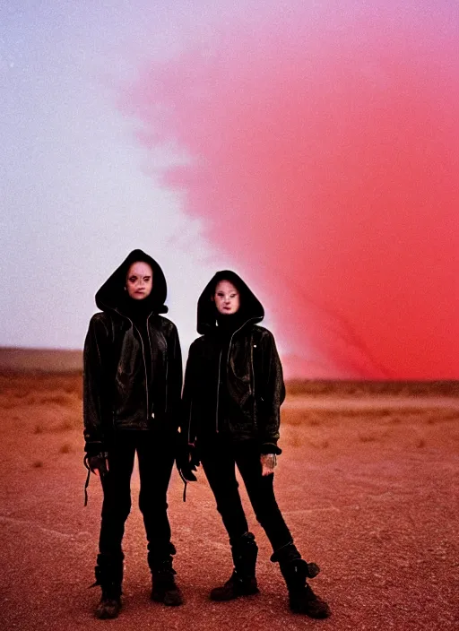 Image similar to cinestill 5 0 d photographic portrait of two loving female androids wearing rugged black techwear on a desolate plain with a red sky, extreme closeup, lizard on ground, cyberpunk style, in front of a brutalist dark metal facility, dust storm, 8 k, hd, high resolution, 3 5 mm, f / 3 2, ultra realistic faces