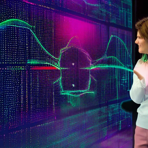 Prompt: woman interacting with holographic display