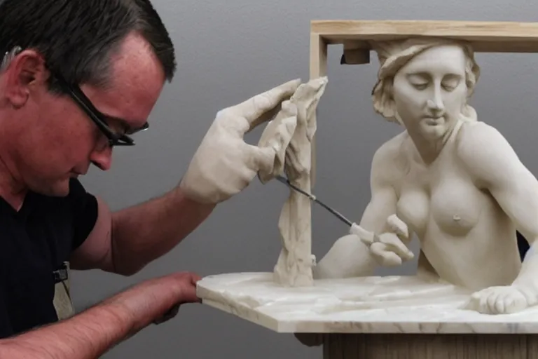 Prompt: a sculptor carving a 3 d printer from a block of marble